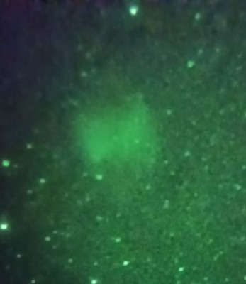 Istantanea della Nebulosa Manubrio fatta con il cellulare attraverso l'intensificatore di immagine applicato al Dobson 40